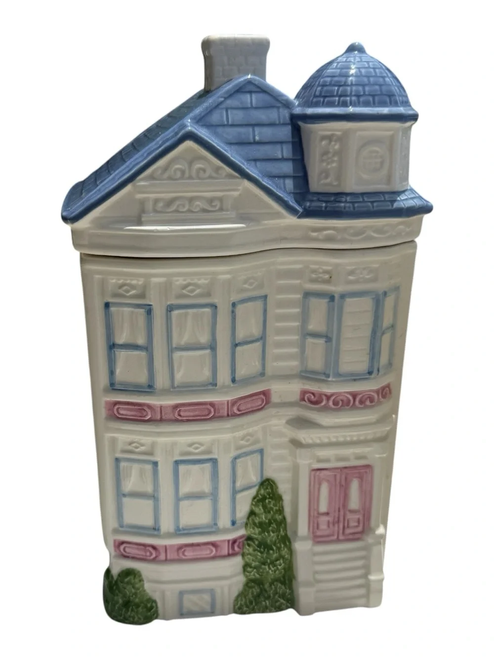 Vintage 1988 Hearth & Home Ceramic House Canister Set Blue Pink 7 Piece Kitchen